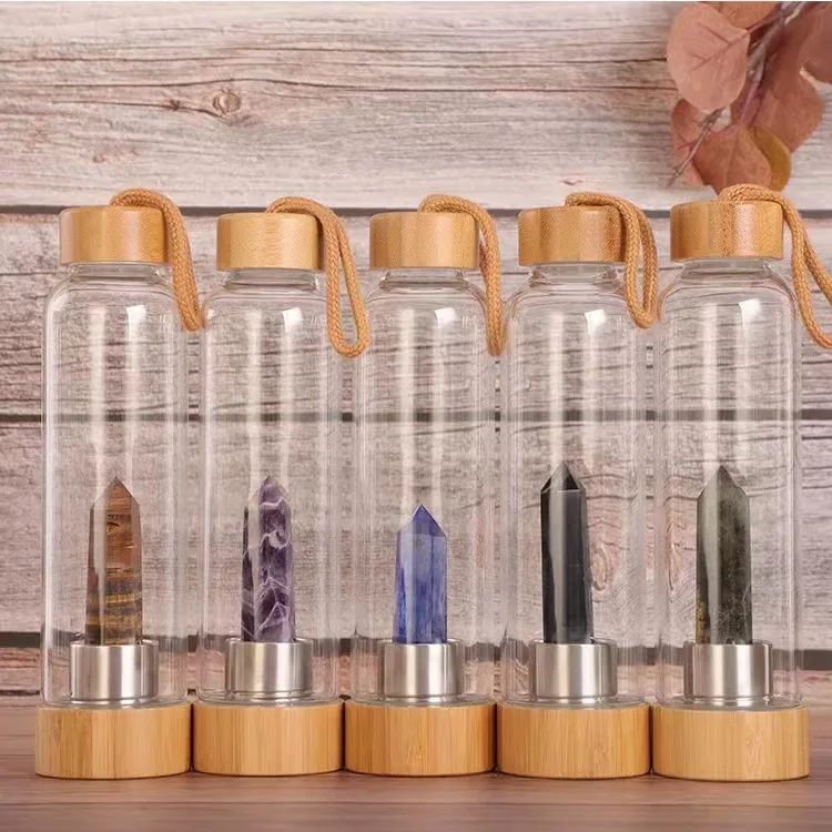 Wholesale Gemstone healing Bamboo cover crystal point wand water bottle healing glass quartz crystal cup