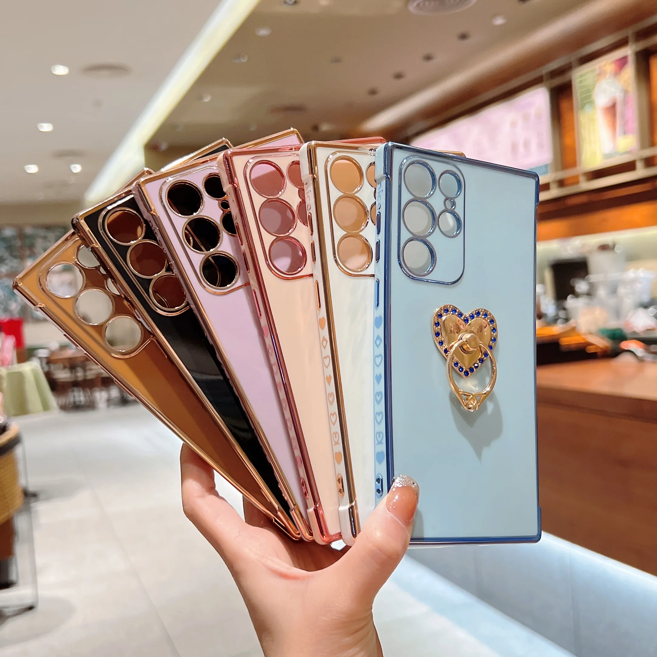 Heart Finger Ring Stand Holder Bracket Plating Soft Phone Case for Samsung Galaxy A12 A13 A52 A53 5G Side Printing Cover