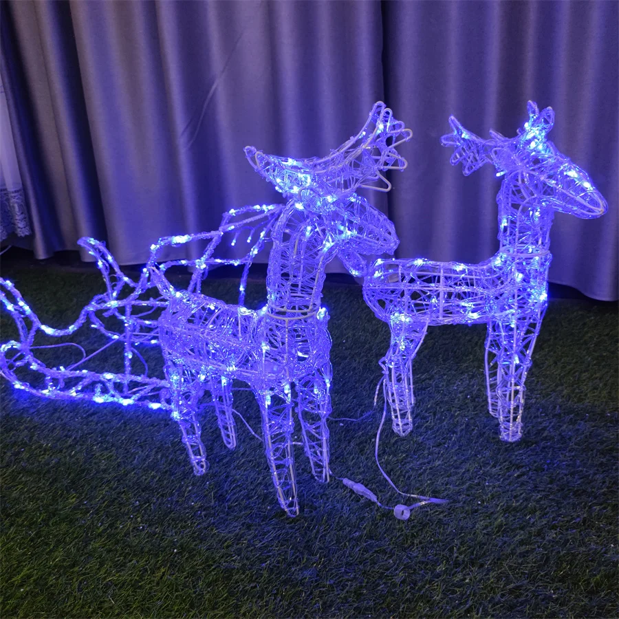 Factory customized 160LED blue deer cart pattern Christmas theme acrylic iron frame light