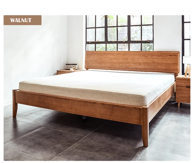 Wood Cottage Style Platform Bed with Headboard Nordic Solid Wood Bed Single Modern Simple Bedroom Apartment Furniture Factory