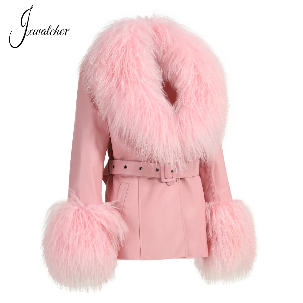 Short Real Sheepskin Leather Coat With Fluffy Mongolian Fur Collar And Cuffs Women Genuine Original Leather Coat