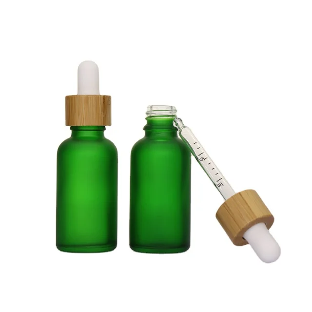 Matt Green Essence Hair Oil Bottles Bamboo Essential Oil Matte Frosted Cosmetics Glass Oil Dropper Bottle 10ml 20ml 30ml 50ml