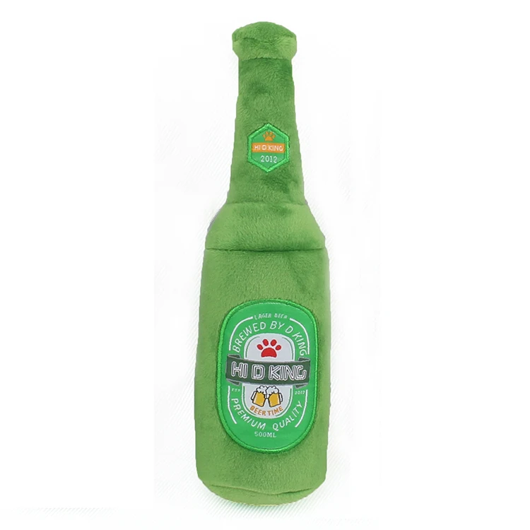 Direct factory price plush stuffed bottle shape pet chewing toy with squeaker wine beer bottle dog squeaky toy