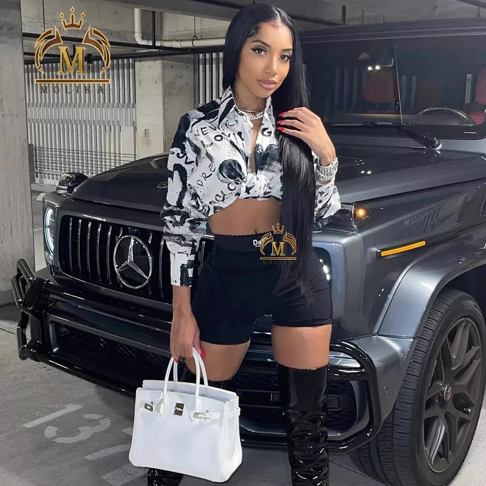 New Arrivals Fall Women Shirt Short Set 2 Piece Print Women Clothing 2023 Crop Top Shirt And Shorts Set Women Shirt Outfits