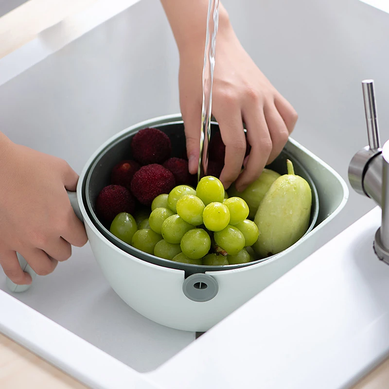 2 In 1 Double Layer Cleaning Vegetable Fruit Washing Kitchen Colander Plastic Drain Basket Strainer Bowl with Handle