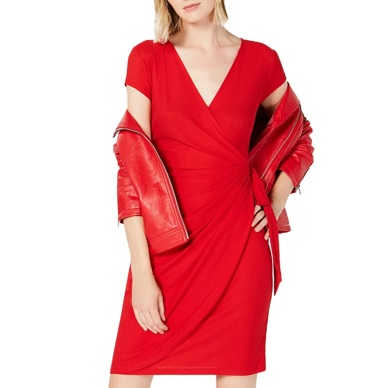 High quality custom ladies clothing wrap mini fit ladies fashion sexy club short sleeve tight dress ladies clothing