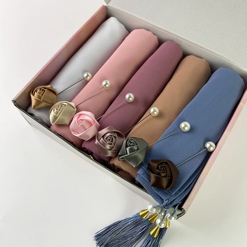 5pcs/Box Chiffon Hijab Beaded Pearls Scarf With Tassel Solid Color Muslim Shawls Headband Islamic Headscarf Box Foulard