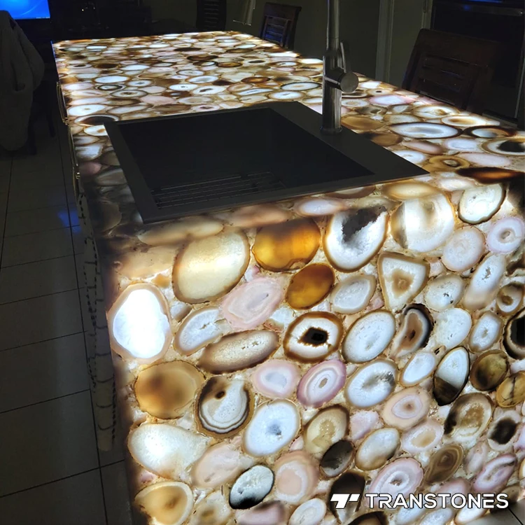 Natural Agate Kitchen Island White Onyx Translucent Wall Panel Glossy Agate Tile Luxury Home Decor