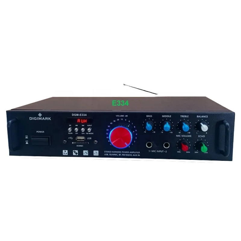 AC/DC power echo/balance sound E334 digital stereo karaoke amplifier support BT/USB/SD/MMC/AUX/FM radio & LED display functions.