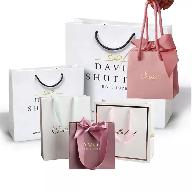 China Competitive Price Elegant Customized Brand Logo Luxury Jewelry Boutique Shopping White Paper Gift Bags With Ribbon Handles