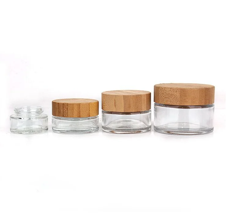 Cosmetic Jars Container Storage Pot Empty Refillable Clear Frosted Glass Bamboo Lids with Natural Sample Plastic Cream