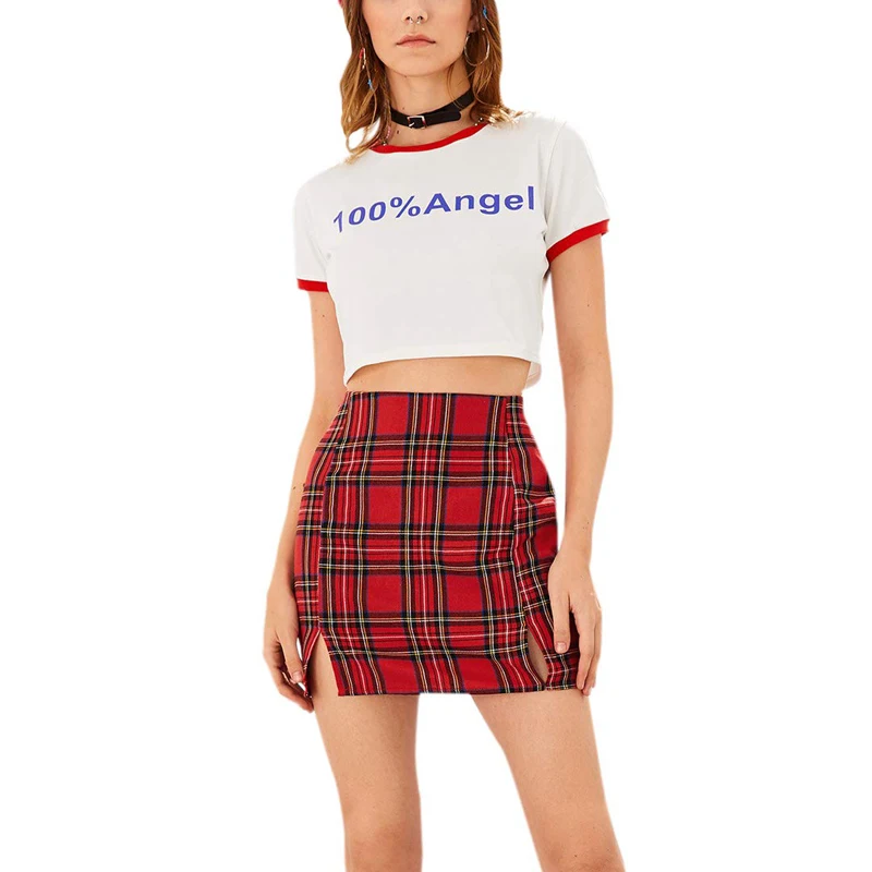 New Arrival Fashion Custom Logo Women High Waist Split Front Zip Up Bodycon Skirt Red Plaid Mini Skirt