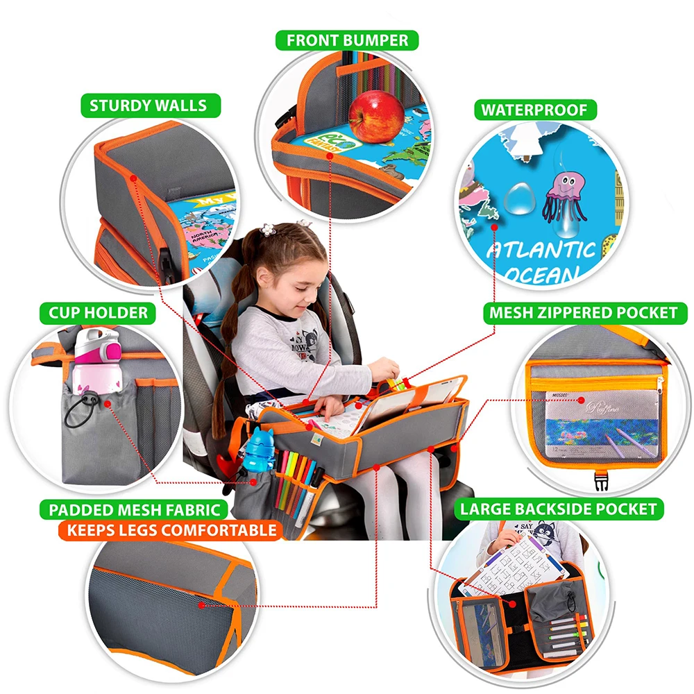 Hot Sell Foldable Snack and Toy Kids Travel Tray Toddler Lap Desk Organizer Carseat Table Tray for Kids Road Trip Activities