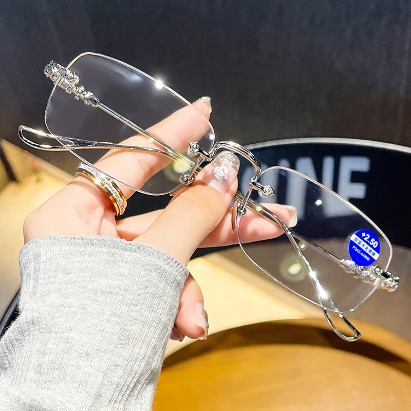 unisex rimless designer anti blue light bifocal presbyopia women men reading glasses with blue light protection