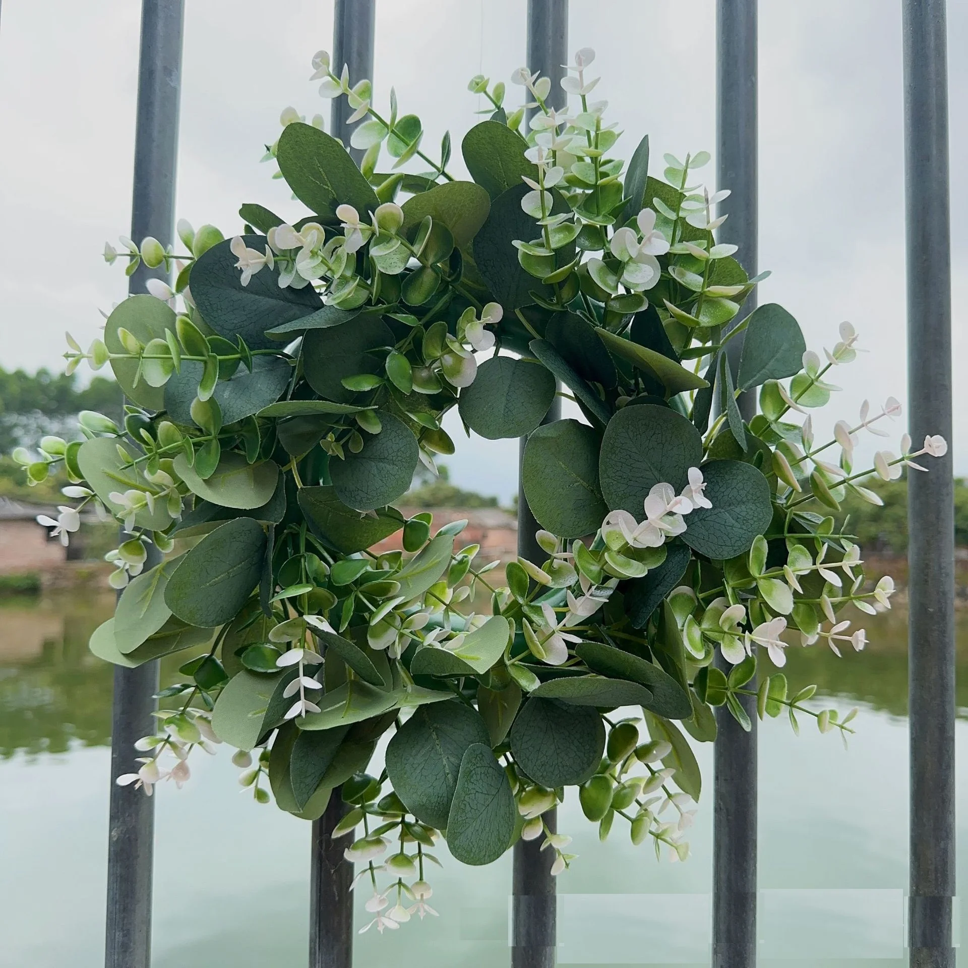 Artificial Eucalyptus Wreath For Front Door Boxwood Wreath Spring Summer Green Leaf Wreath With White Flowers For Decor