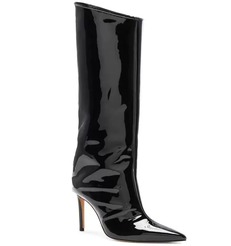 New Fashion Design Fall Stiletto Patent Leather Silver Gold Women Boots Side Zipper Thigh Tall Boots