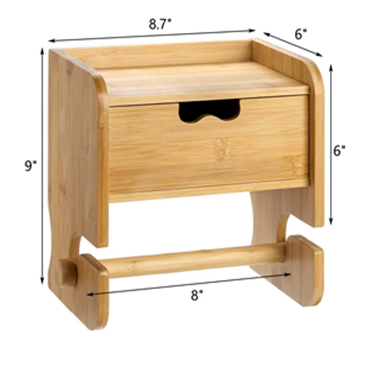 Wall-Mounted Bamboo Toilet Paper Holder with Shelf and Storage Organizer for Office Metal and Plastic Material