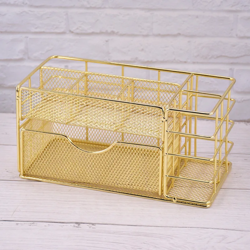 Multifunctional Desktop 4 Compartments Metal Mesh Desk Organizer Office Storage Caddy Pen Pencil Holder