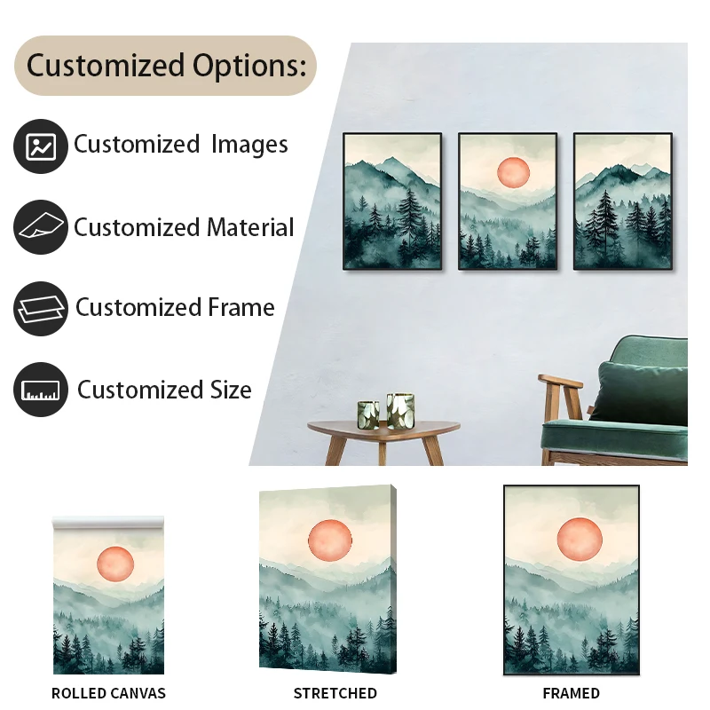 New Custom SpringVitality Green Woods Mountains Water Sun Frame Canvas Poster and Picture for Wall Art Decoration
