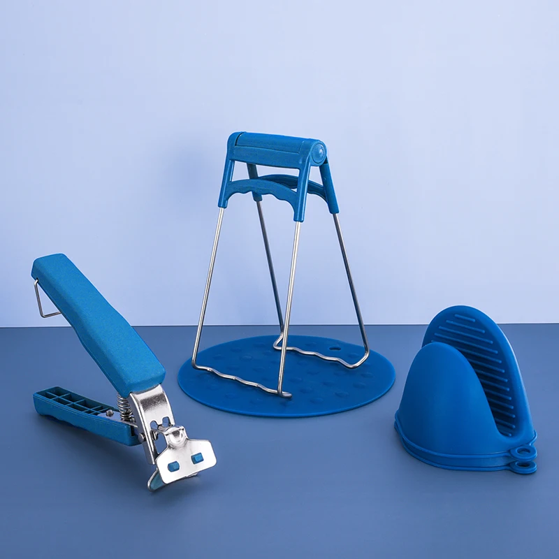 5pcs Kitchen Anti-scald Set with Silicone Mat and Mitts Plate Dish Bowl Stainless Steel Tongs Gripper Clips Kitchen Accessories