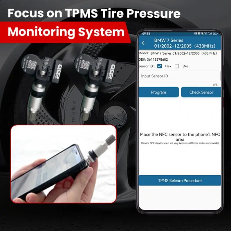 NFC Универсальный датчик Tpms для инструмента автомобиля 433 мГц + 315 программирование по телефону системы контроля давления в шинах
