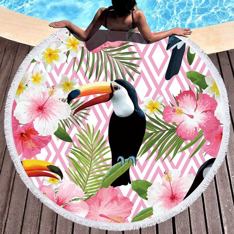 Colorful Birds Parrot Round Beach Towel Fast Dry Soft Absorbent Beach Blanket