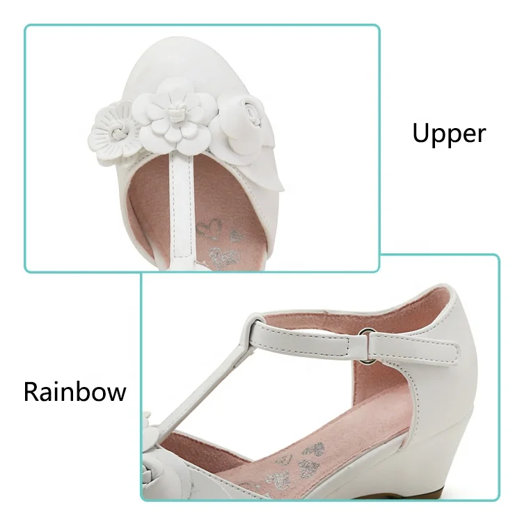 
easter shoe for girls wedge heel ankle strap white beautiful 3D flowers for girls shoes 