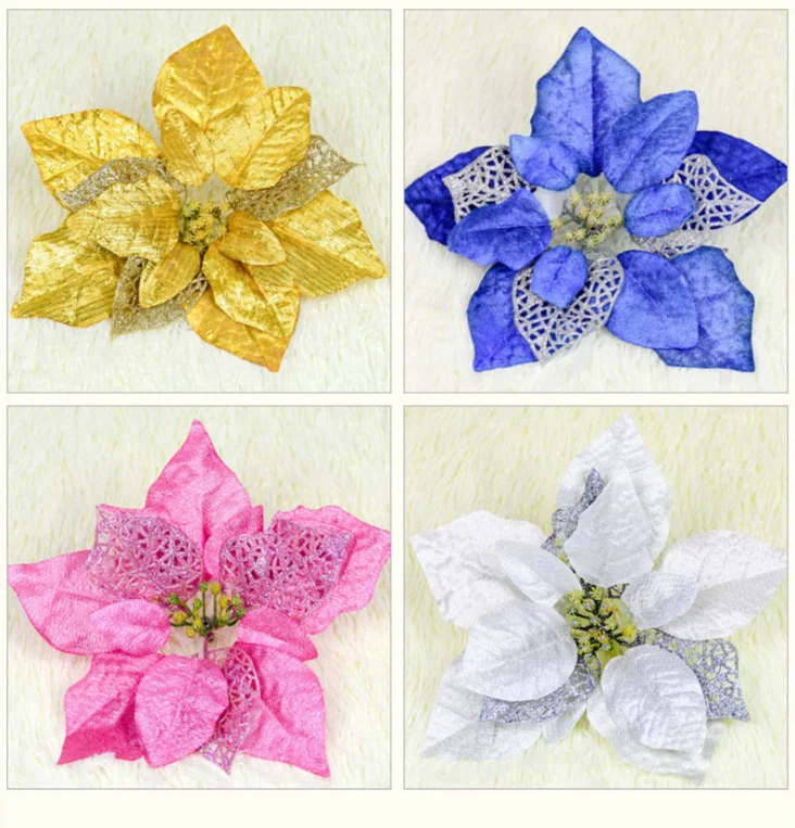 Wholesale Christmas Decor Tree Ornaments Artificial Red Velvet Poinsettia