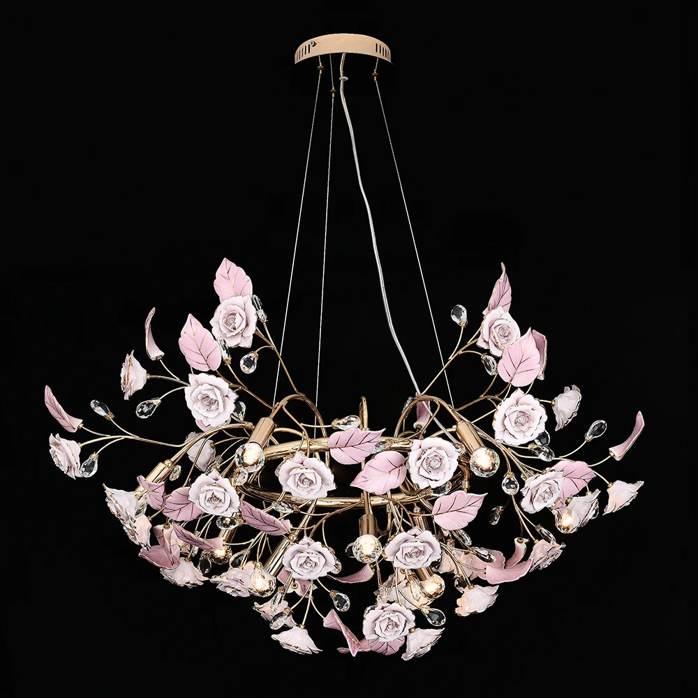 Fancy Modern Decoration Handmade Ceramic Flower  Wrought Iron Chandelier for Dinning Room Apartment Restaurant Villa
