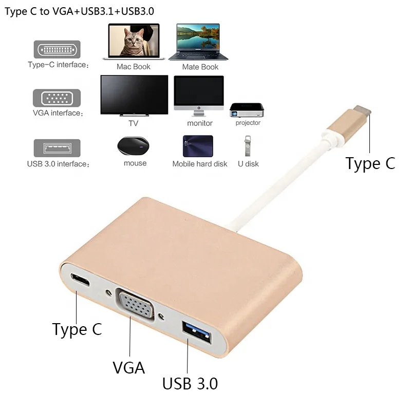 wholesale multiports 3 in 1 USB 3.1 type C TO VGA converter adapter cable for Notebook/phone