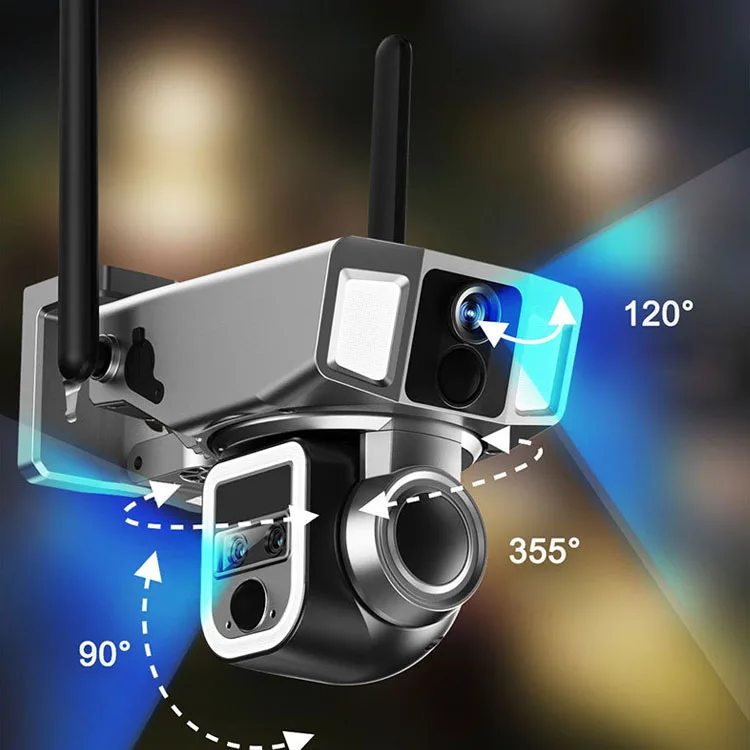 4mp 6w solar panel wifi 4g full color night vision 3 lens PIR motion human detection OEM wireless security PTZ outdoor camera