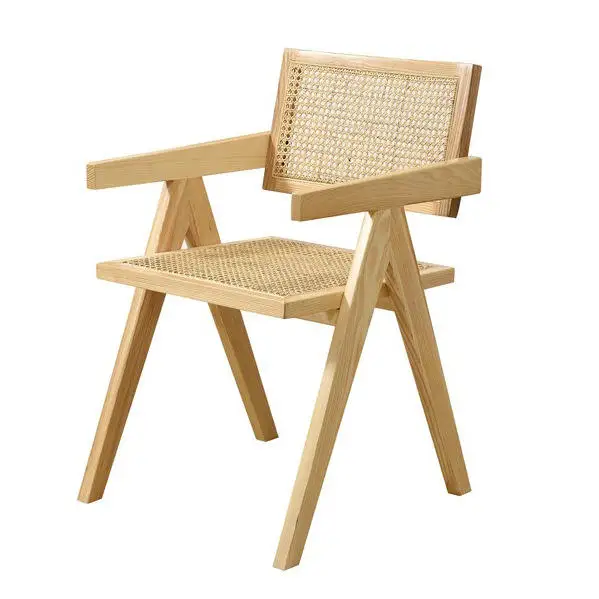 North Asia Good Quality Stable Wooden Frame Nordic solid wood rattan woven dining chair armchair For Kitchen