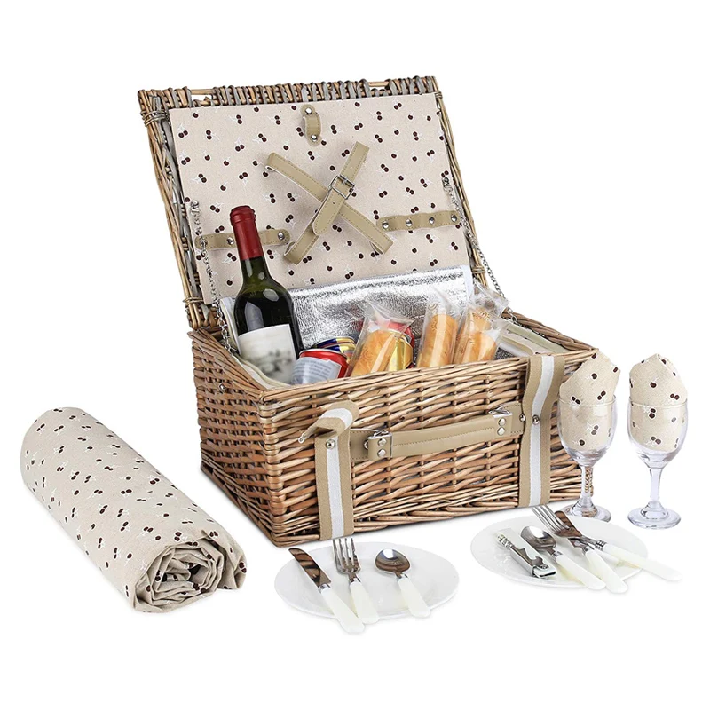 China Supplier Quality Products oem customized wholesale Wine handle Basket Wicker rattan insulated Picnic Basket hamper for 4