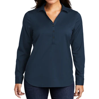 Ladies river blue navy 93/7 poly/spandex Odor-fighting Wrinkle-resistant Open collar and neckline Pearlized button Stretch Tunic