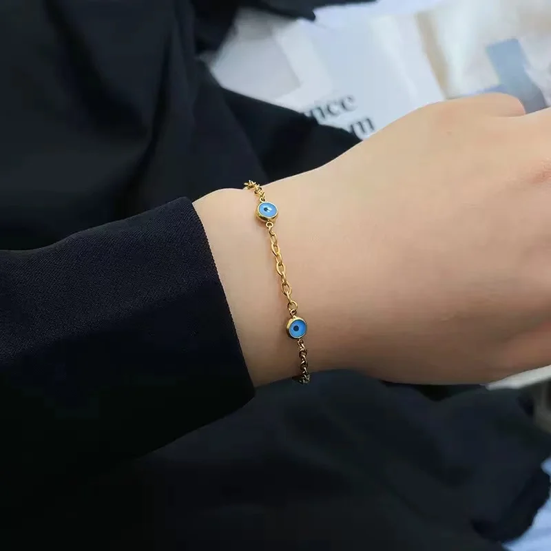 PJ-M081 2022 New Evil Eyes Gold Plate Stainless Steel Bracelet Blue Evil Eyes Adjustable Charm Fashion Bracelet for Women