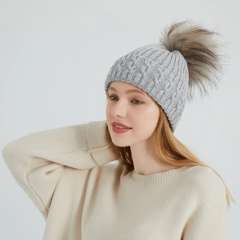 Stock cute luxury warm wool knitted beanie  Winter cashmere beanie caps women 100% pure wool beanie hats with custom logo