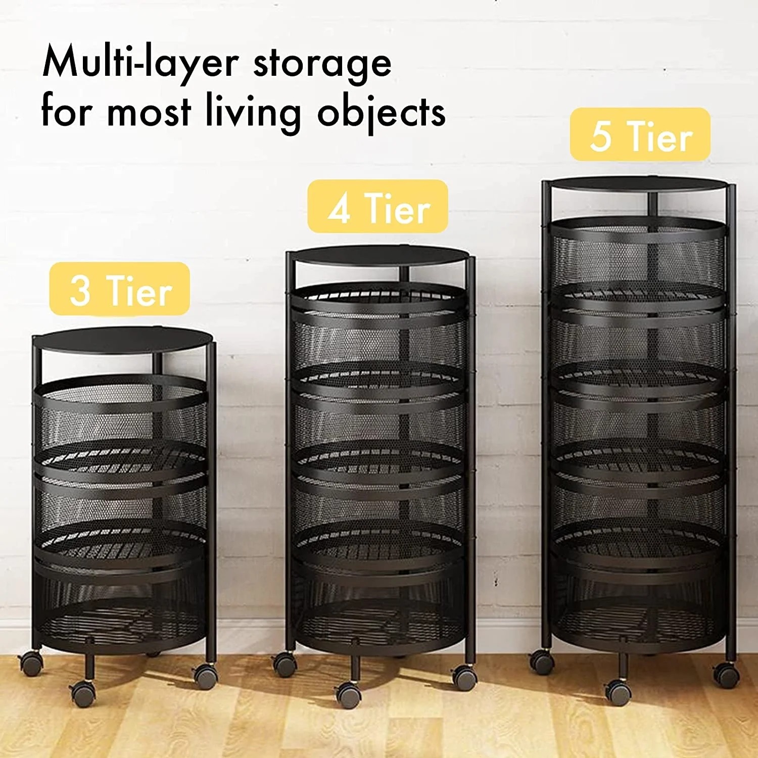 Removable Metal Wire Black 360 Degree Rotating Multi Layer Kitchen Shelf Vegetable Storage Shelves Organizer Rack For Kitchen