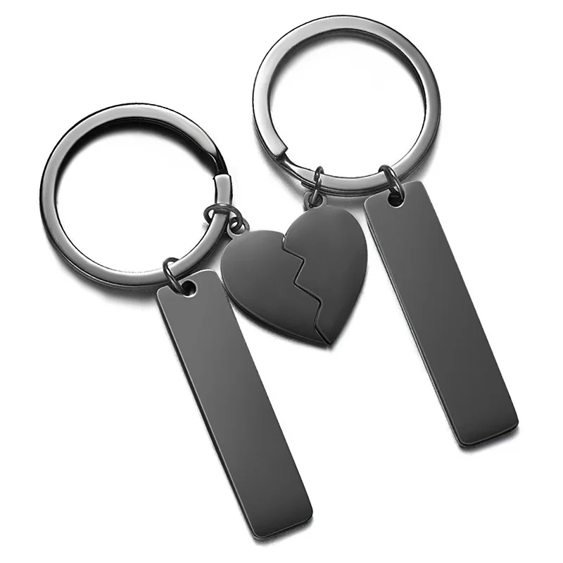 Design Blank Logo Engraved Stainless Steel Keychain Half Heart Shape Id Tag Key Chain For Couple Long Strip Peach Diy Keychains