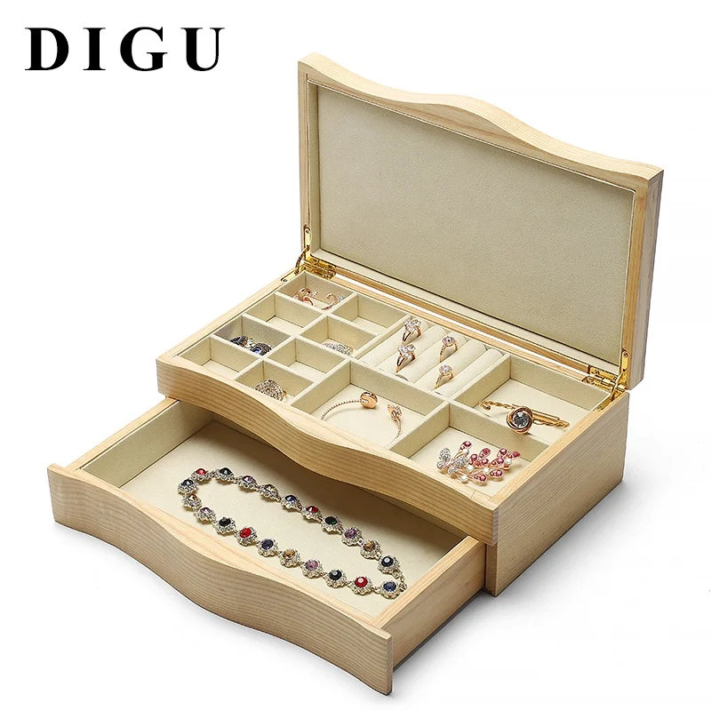 DIGU custom wholesale high end double layer drawer pendant necklace ring jewelry box wooden jewelry storage box