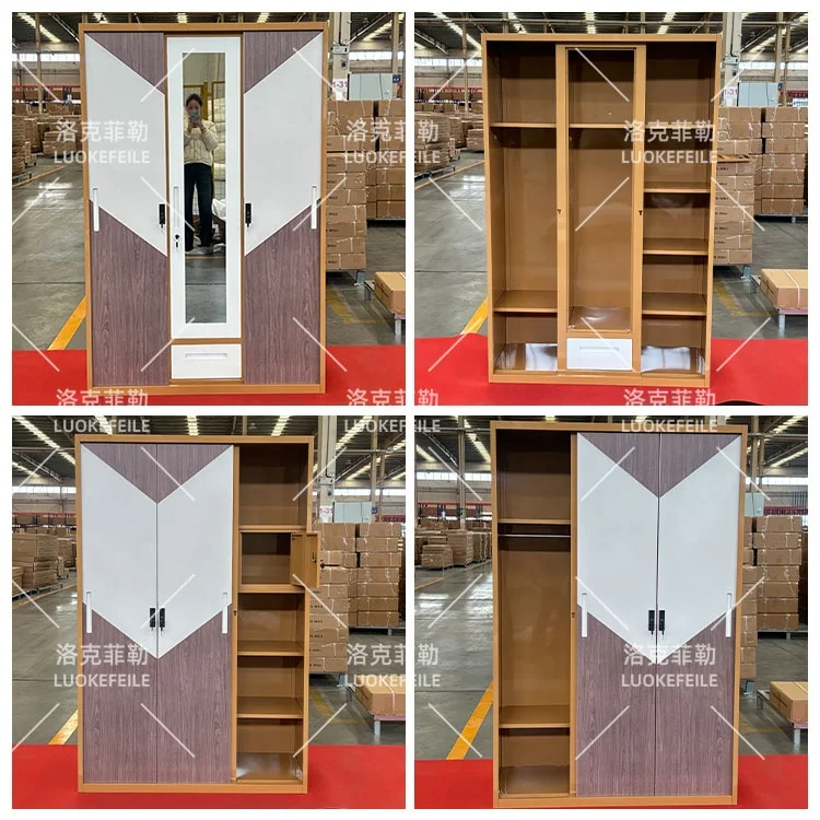 philippine Indonesia design almirah iron sliding door mirror steel cloth storage cabinet closet metal wardrobe bedroom furniture
