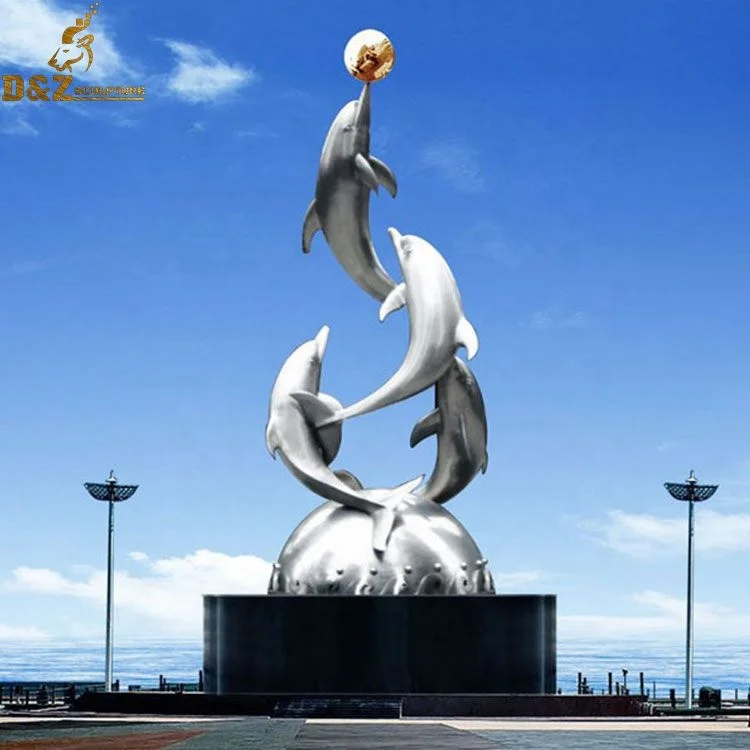 Hot Selling Outdoor Decorative Dolphin Playing With Ball Fountain Large Stainless Steel Sculpture