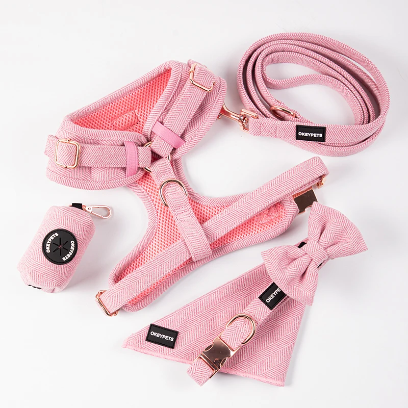 Wholesale Tweed Dog Collar Harness for Small Dogs Manufacturers Outdoor Running Colorful Adjustable Luxury Twill Dog Harness Set