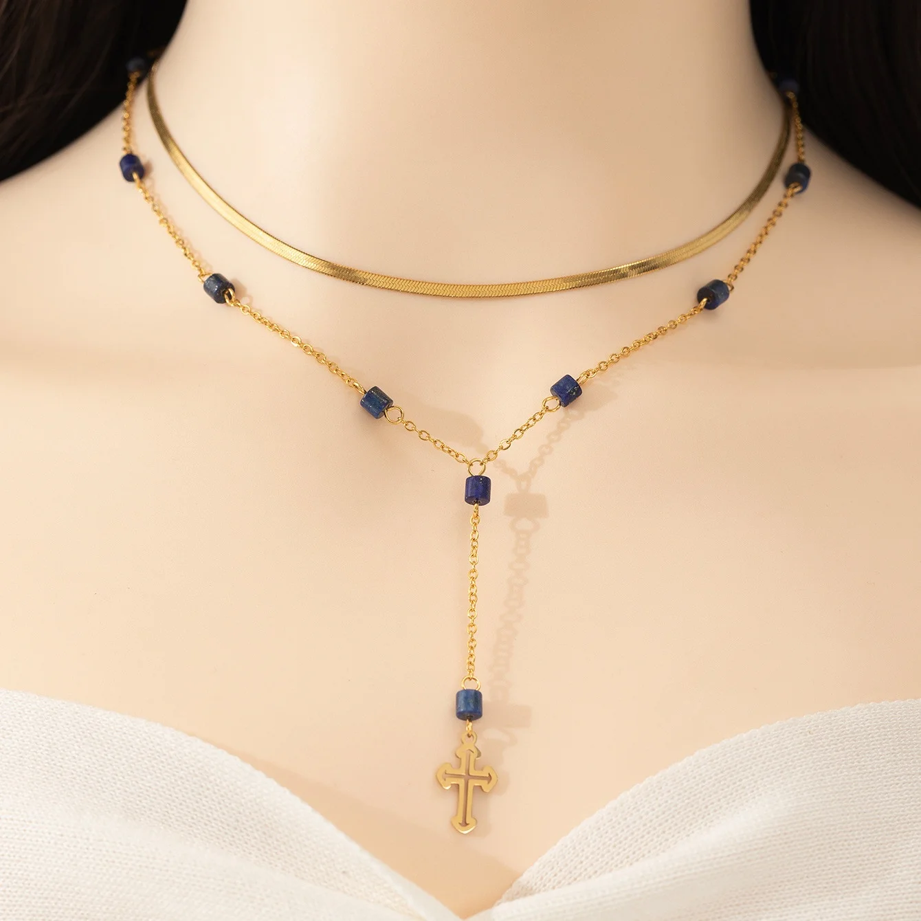 Lapis Cross Necklace 18K Gold Plated Stainless Steel Dripping Oil Double Layered Chain Choker Non Tarnish Waterproof