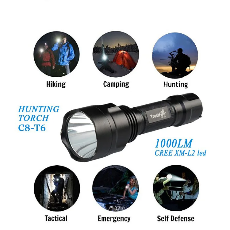 Trustfire C8 high power rechargeable torch camping flashlight 18650 outdoor tactical torch light