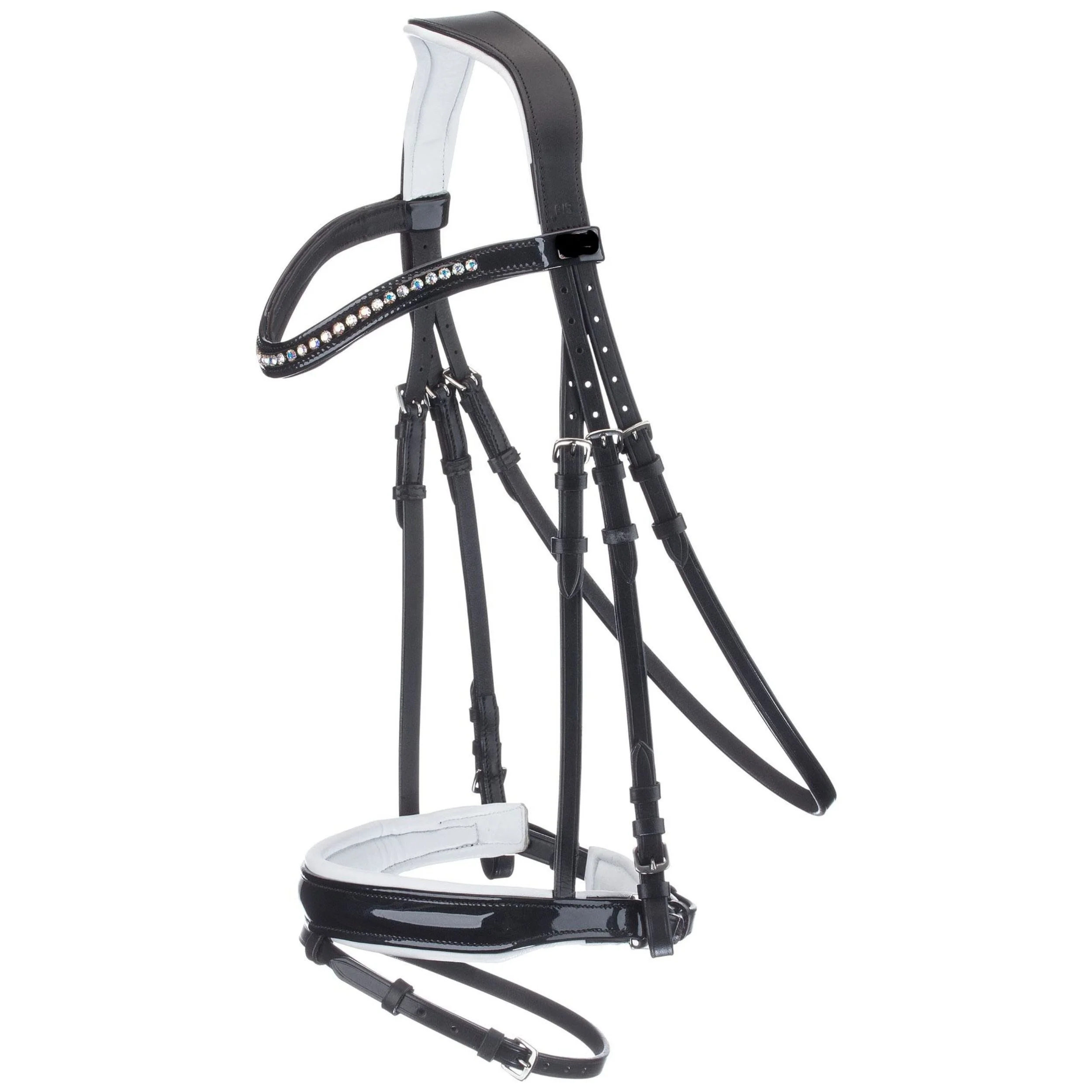 Top Quality Anatomically cut shaped headpiece Curve Brow band patent Nose band with white Padded Bridle