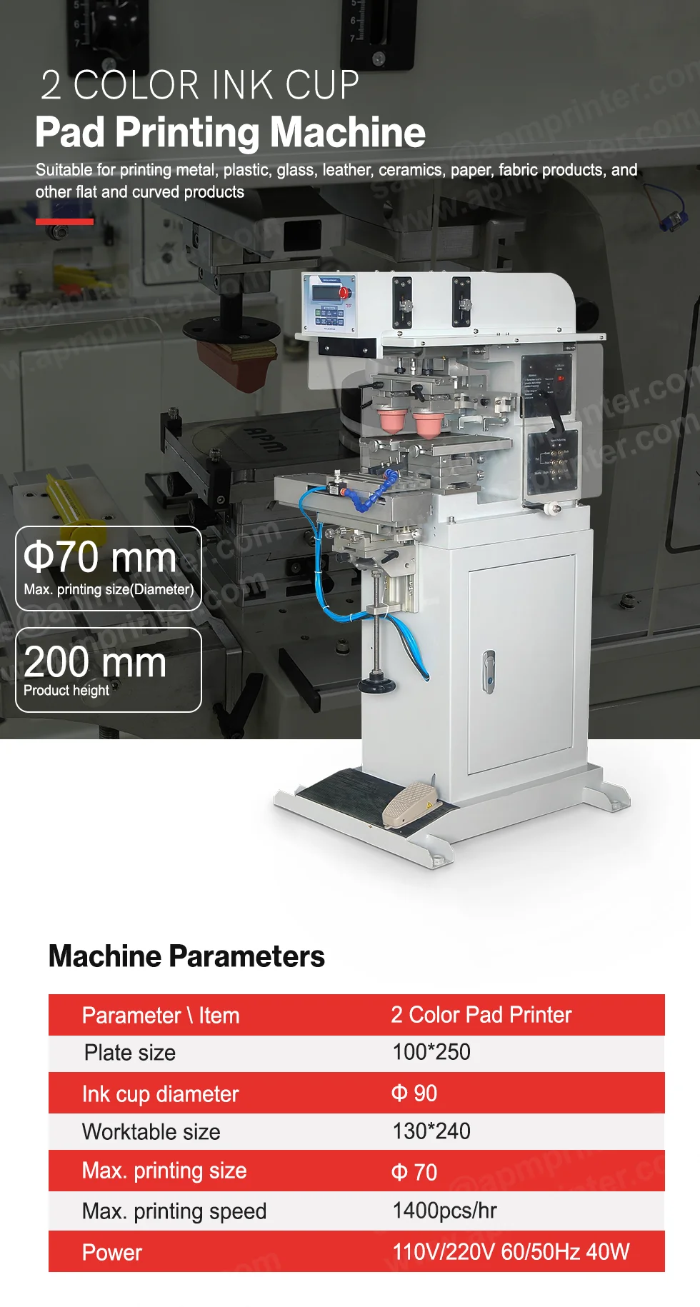 APM P125-90S2 2 вида цветов полуавтоматическая машина для тампонной печати обувная стелька часы циферблат колодки печатная