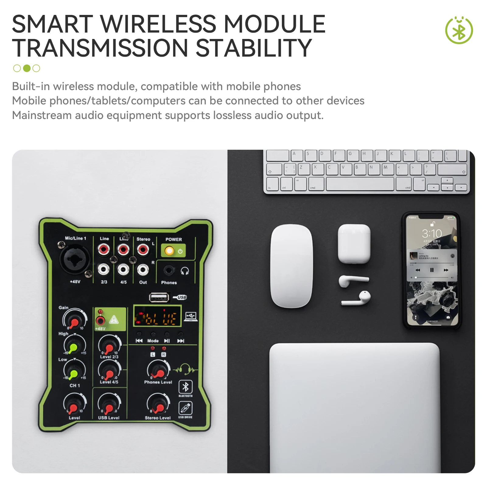 Multifunctional Small Audio Mixer DJ Mixing Console, 5 Channels, Bluetooth Compatible, USB, Computer Play Recording