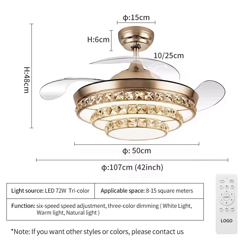 ceiling fan 42 inch hidden blades remote control crystal large Chandeliers Pendant Lights LED ceiling fan with light