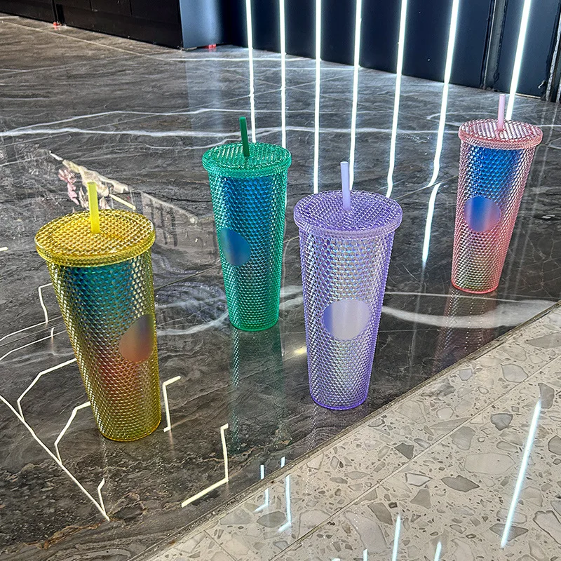 Large Capacity 24OZ 710 ML Hot Selling Pink Style Double Wall Plastic With Straw BPA Free Tumbler Accept Costom Logo