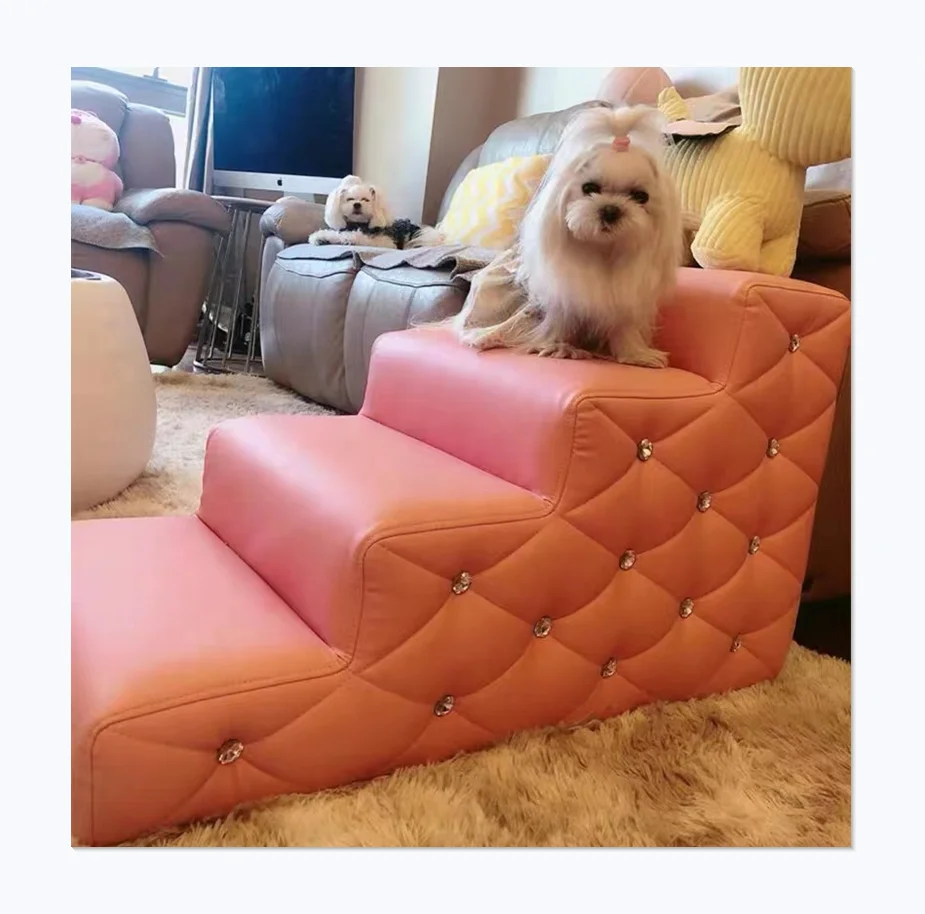 High-end Custom Noble Style Leather Diamond Dog Steps Luxury Dog Stairs
